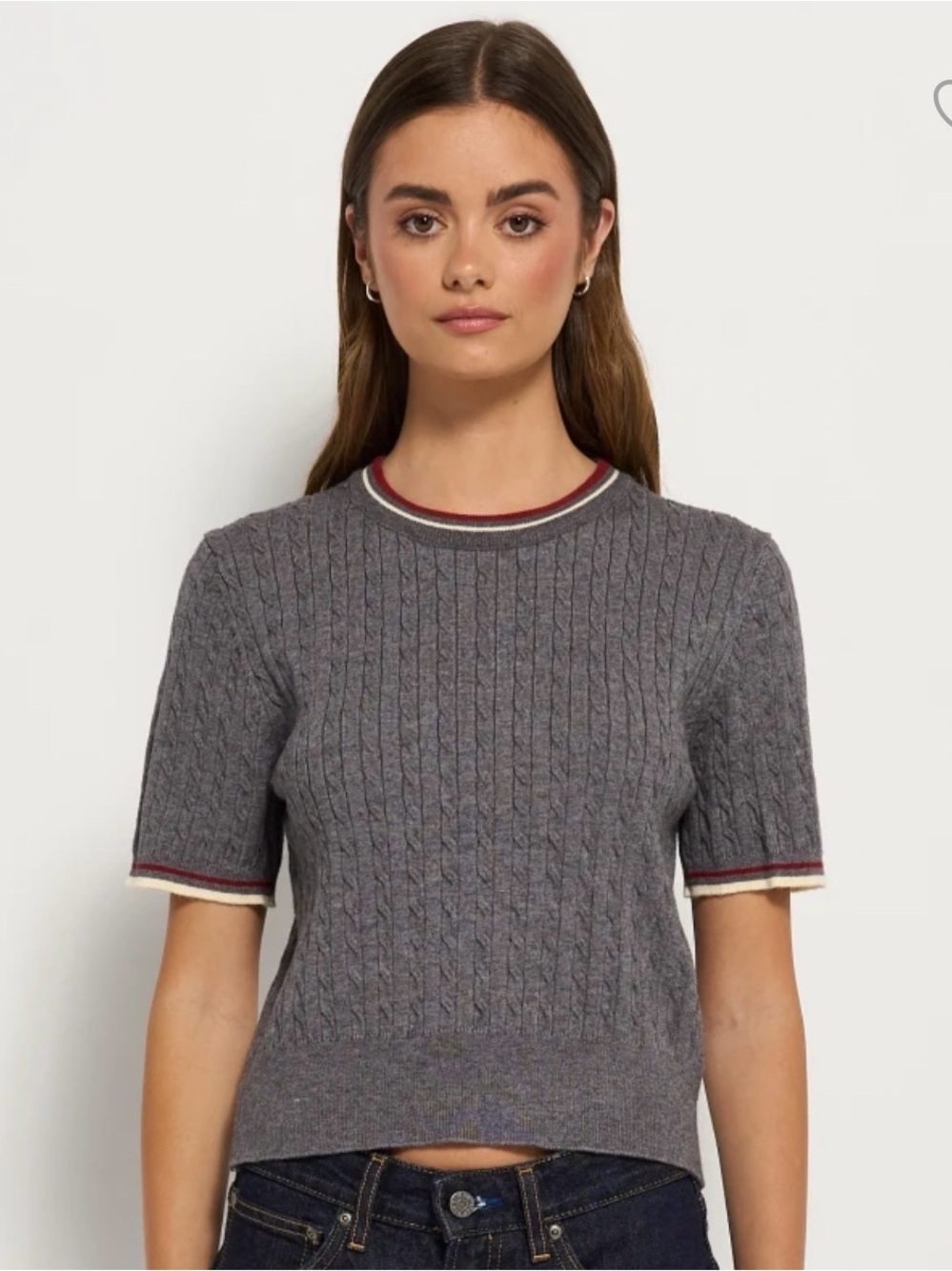 Gray Cable-Knit Short-Sleeve Sweater with Contrast Trim